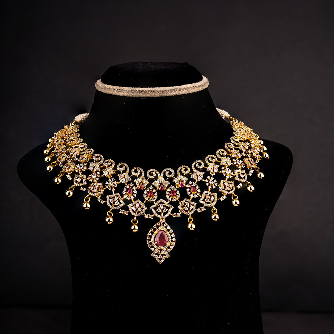 Tanvi Silver CZ Necklace, Gold plated premium 92.5 silver CZ necklace featuring CZ and ruby stones