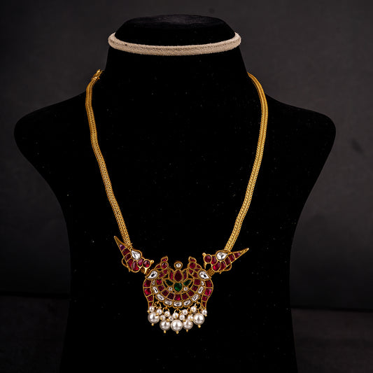 Celestina Gold-plated Kundan Necklace, Gold plated premium 92.5 silver necklace featuring CZ, emerald stones and rubies