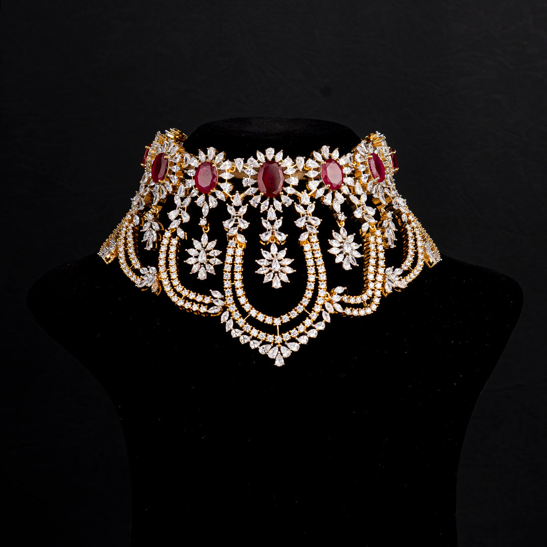 Iniya CZ Choker Necklace, Gold plated 92.5 silver choker necklace featuring cz stones and ruby stones