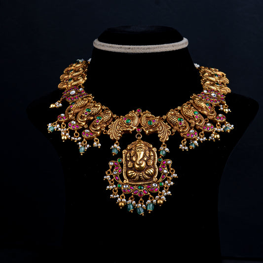 Ila Nakshi Necklace, Gold plated premium 92.5 silver necklace featuring timeless moissanite stones, emeralds, and rubies