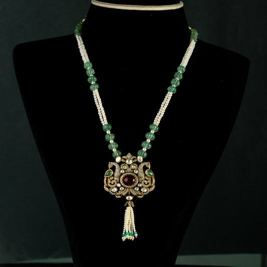 Paksha Victorian gold plated haram,  gold-plated 92.5 silver haram with beautiful pendant featuring CZ stones and Ruby