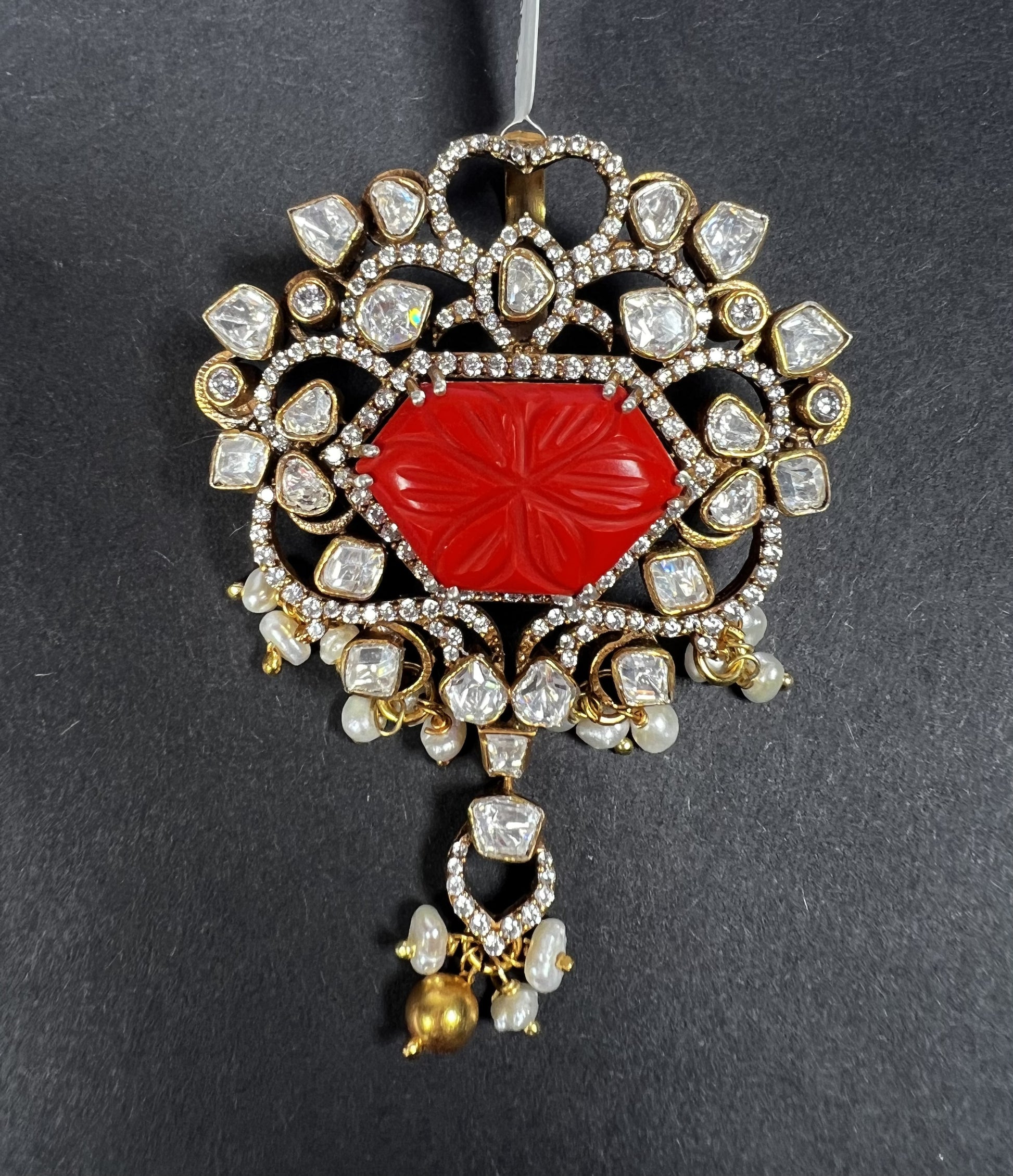 Tanvi silver pendant, 92.5 gold-plated silver pendant featuring red coral, moissanite, pearls and cz stones