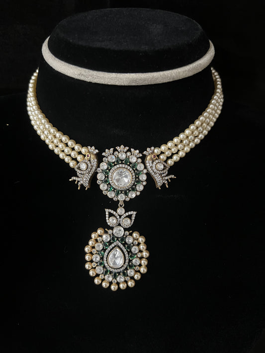 Zaina Silver Choker, Gold plated premium 92.5 silver choker featuring timeless moissanite stones, emeralds, cubic zirconia stones, and ruby potas