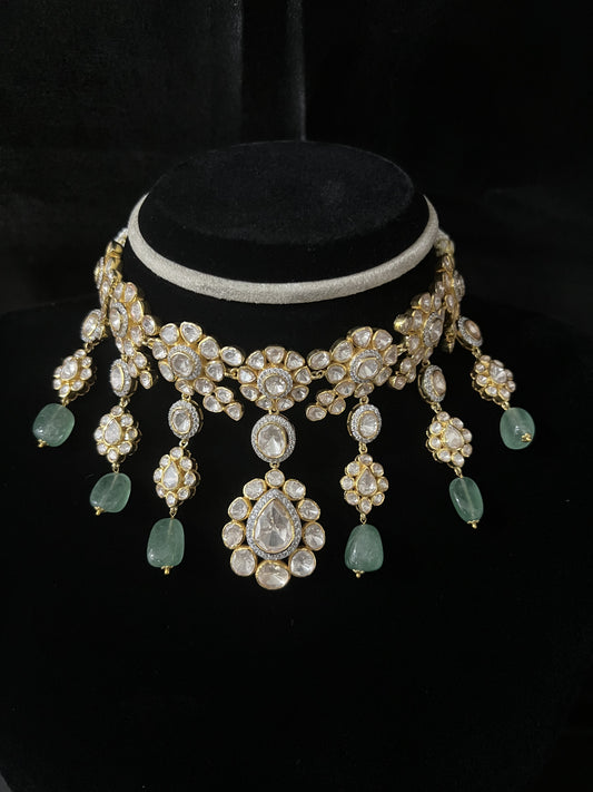 Aamira Polki Necklace, Gold plated premium 92.5 silver necklace featuring timeless CZ and moissanite stones