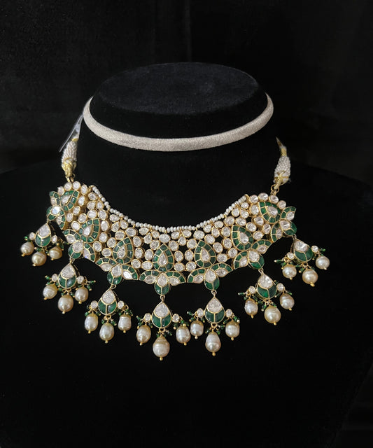 Siya Polki Necklace, Gold plated premium 92.5 silver necklace featuring timeless Polki and emerald stones