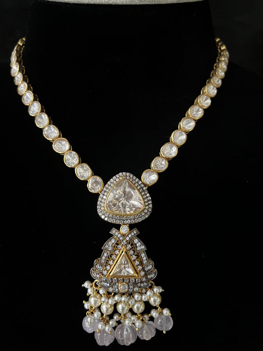 Aaisha Polki Necklace, Gold plated premium 92.5 silver necklace featuring timeless CZ and polki stones