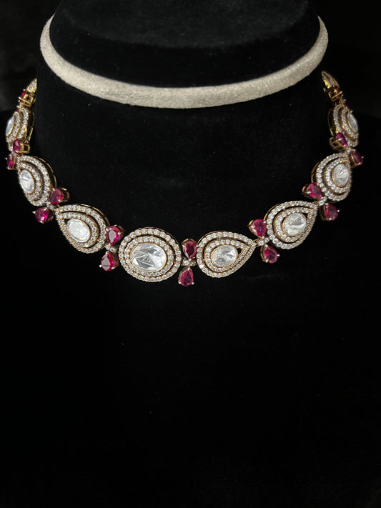 Aalia Silver CZ Necklace, Gold plated premium 92.5 silver CZ necklace featuring timeless moissanite, cubic zirconia, and ruby stones