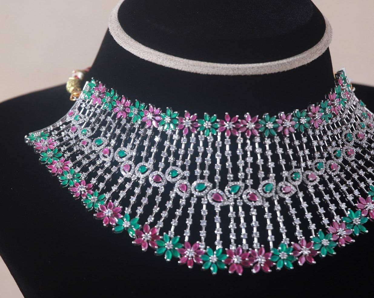 Saanvi Silver Cz Necklace, 92.5 silver cz necklace featuring cz, green fluorite and pink spinel stones